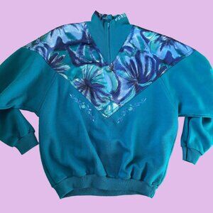 Vintage 80s Abstract Floral Quarter Zip Sweatshirt Teal Blue Embroidered Size M
